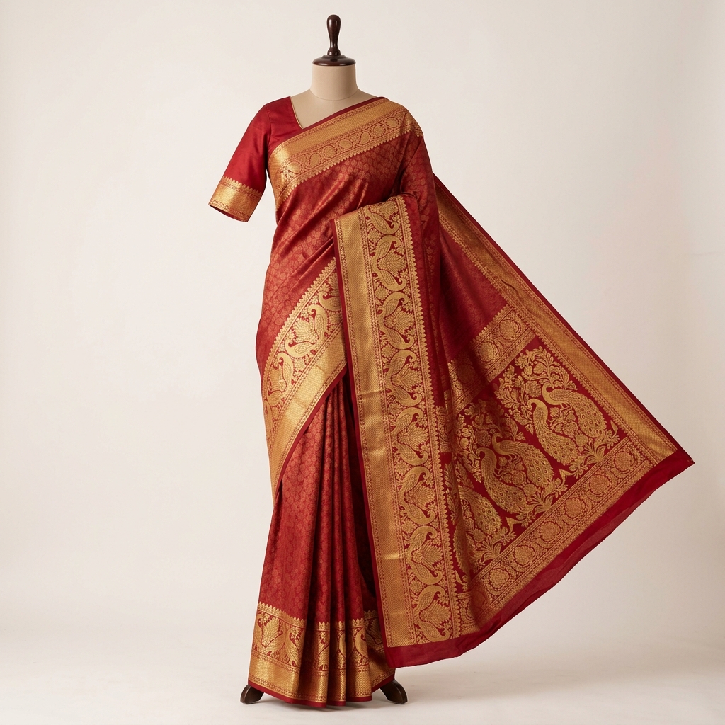 Traditional Crimson Red Korvai Kanchipuram Pure Silk Saree with Gold Zari Temple Border